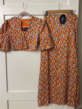 Orange & blue geometric two-piece maxi skirt set by Fancy